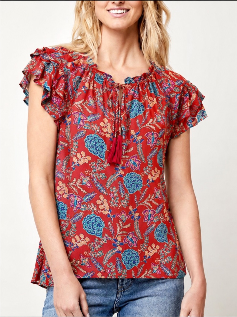 🔴 4/$15 Rose & Olive Women’s S Red Floral SS Ruffle Detail Top Blouse in EUC
